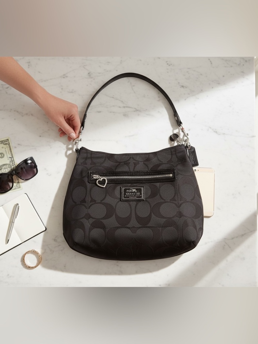 Coach Poppy Signature Convertible Hobo Bag Black‎ Patent Trim Silver Hardware